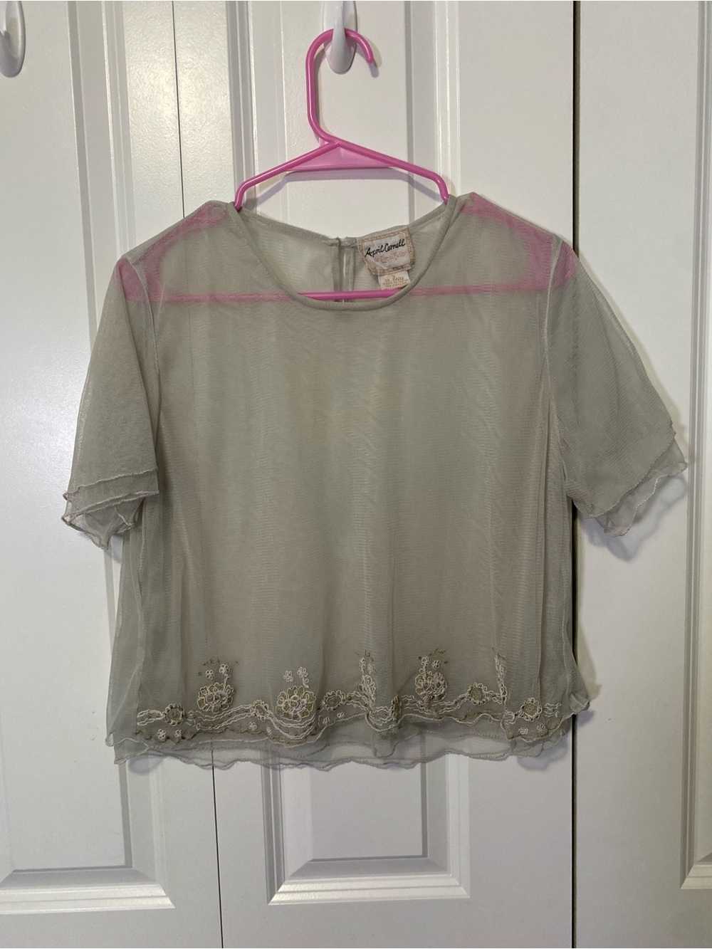 Vintage April Cornell Sheer Mesh Embroidered Short Sleeve Top